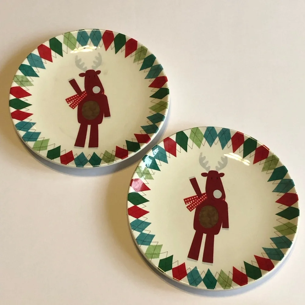 Sur La Table Set of 2 Reindeer Christmas Cocktail Plates